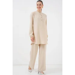 6678 Keten Tunik Pantolon İkili Takım - Bej
