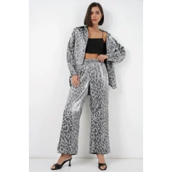 6699 Leopar Desenli Alt Üst Takım - Gri
