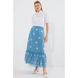 8010 Desenli Şifon Etek - İndigo