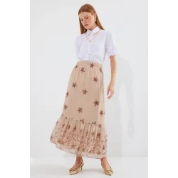 8010 Desenli Şifon Etek - Vizon