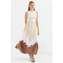 8025 Desenli Uzun Viskon Etek - Bej