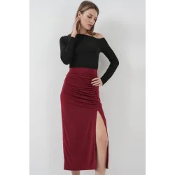 8033 Sandy Yırtmaçlı Etek - Bordo