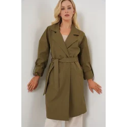 9104 Kruvaze Yaka Astarlı Trençkot - Haki