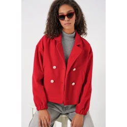 9117 Kruvaze Yaka Crop Ceket - Kırmızı