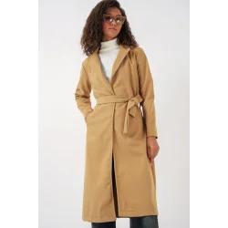 9118 Kruvaze Yaka Kaşe Kaban - Hardal