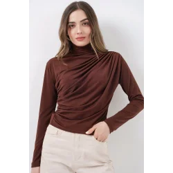 925 Büzgü Detaylı Sandy Bluz - A.Kahve