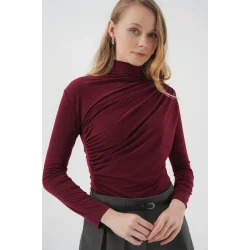 925 Büzgü Detaylı Sandy Bluz - Bordo