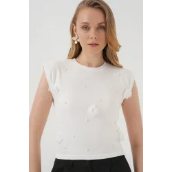 929 Kısa Kol Örme Bluz - Beyaz