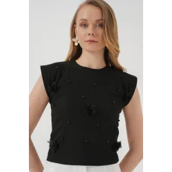 929 Kısa Kol Örme Bluz - Siyah