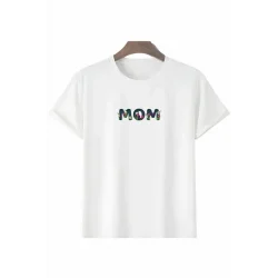 Anneler Günü Hediye Mom Çiçek Baskılı Oversize Bisiklet Yaka T-shirt - Beyaz