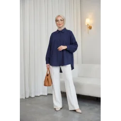 Arkası Uzun Çizgi Desenli Düğmeli Salaş Gömlek -Laci