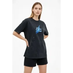 Asit Yıkamalı Oversize Tişört Future Worlds Baskılı Bisiklet Yaka Kısa Kollu Streetwear %100 Pamuk Street Style T-Shirt - Siyah