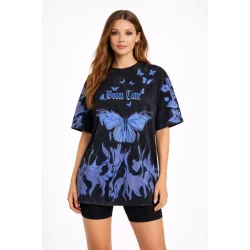 Asit Yıkamalı Oversize Tişört Mavi Kelebek Baskılı Dijital Print Bisiklet Yaka Streetwear T-Shirt - Siyah