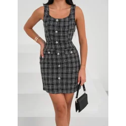 Askılı ch kumaş düğmeli elbise siyahbeyaz h265007