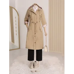 Astarı Çizgili Trençkot       -Açık Vizon