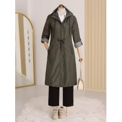 Astarı Çizgili Trençkot    -Haki