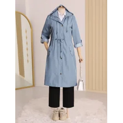 Astarı Çizgili Trençkot     -Mavi