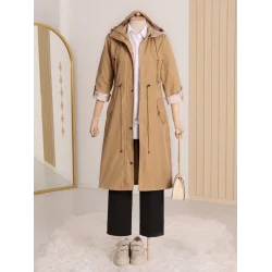 Astarı Çizgili Trençkot      -Vizon