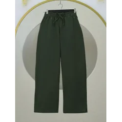 Bağcık Detaylı Bol Paça Beli Lastikli Keten Pantolon -Haki