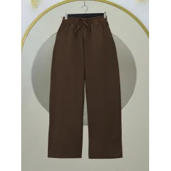Bağcık Detaylı Bol Paça Beli Lastikli Keten Pantolon -Kahve