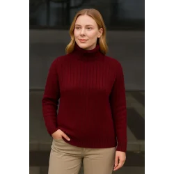 Balıkcı Yaka Bağazlı Triko Kazak Pamuklu Kalın Fitilli Dokuma - Bordo