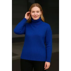 Balıkcı Yaka Bağazlı Triko Kazak Pamuklu Kalın Fitilli Dokuma - Saks Mavisi