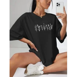 Baskılı Oversize T-shirt - Siyah