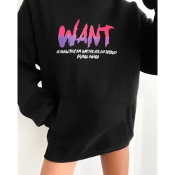 Baskılı Üç İplik Kapüşonlu Oversize Sweatshirt - Siyah