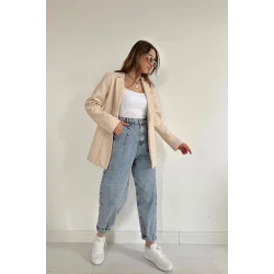 Bej Düğmeli Deri Ceket