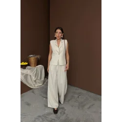 Bej Keten Yelek Pantolon Takım