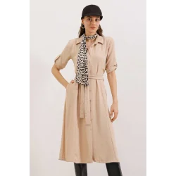 Bej Kuşaklı Gömlek Elbise 2442