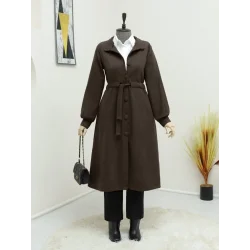 Belden Bağlamalı Top Düğmeli Kaşe Kaban   -K. Kahve