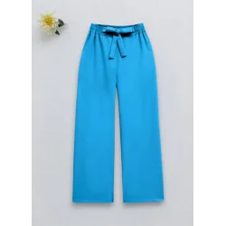 Beli Bağcıklı Double Bol Paça Pantolon      -Mavi