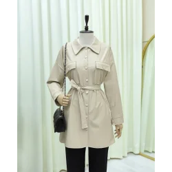 Beli Bağlamalı Çift Cepli Deri Gömlek  -Krem