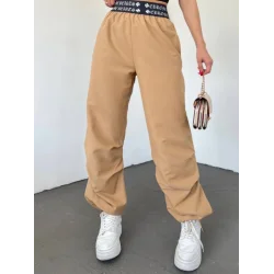 Beli Bantlı Paçası Lastikli Pantolon -Vizon