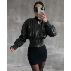 Beli büzgülü crop deri ceket siyah