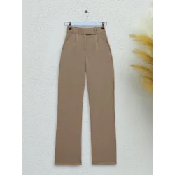 Beli Cırtlı Likralı Pantolon -Vizon