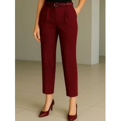 Beli Kemerli Çift Cepli Pantolon  -Bordo