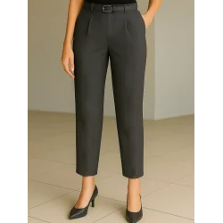 Beli Kemerli Çift Cepli Pantolon  -Füme