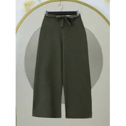 Beli Lastikli Bağlamalı  Bol Paça Pantolon  -Haki