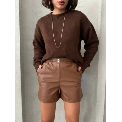 Beli lastikli çıtçıtlı deri şort kahve w241007