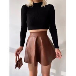 Beli lastikli deri etek kahve s24599