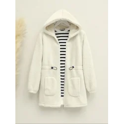 Beli Lastikli Kapşonlu Fermuarlı Peluş Mont -Ekru