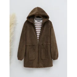 Beli Lastikli Kapşonlu Fermuarlı Peluş Mont -Kahve
