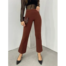 Beli Lastikli Likralı İspanyol Pantolon -Kahve