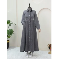 Beli Lastikli Yan Cepli Kot Elbise -Füme