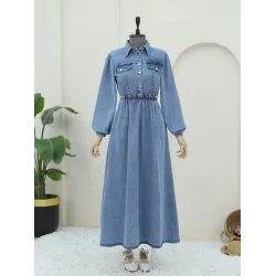 Beli Lastikli Yarım Düğmeli Kot Elbise -Buz Mavi