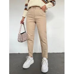 Beli Lastikli Yüksek Bel Kot Pantolon -Vizon