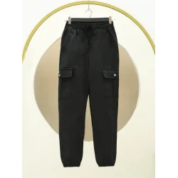 Beli Ve Paçası Lastikli Bağcıklı Kargo Kot Pantolon -Siyah