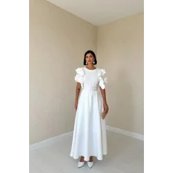 Beyaz Kolları Volanlı Kemerli Elbise